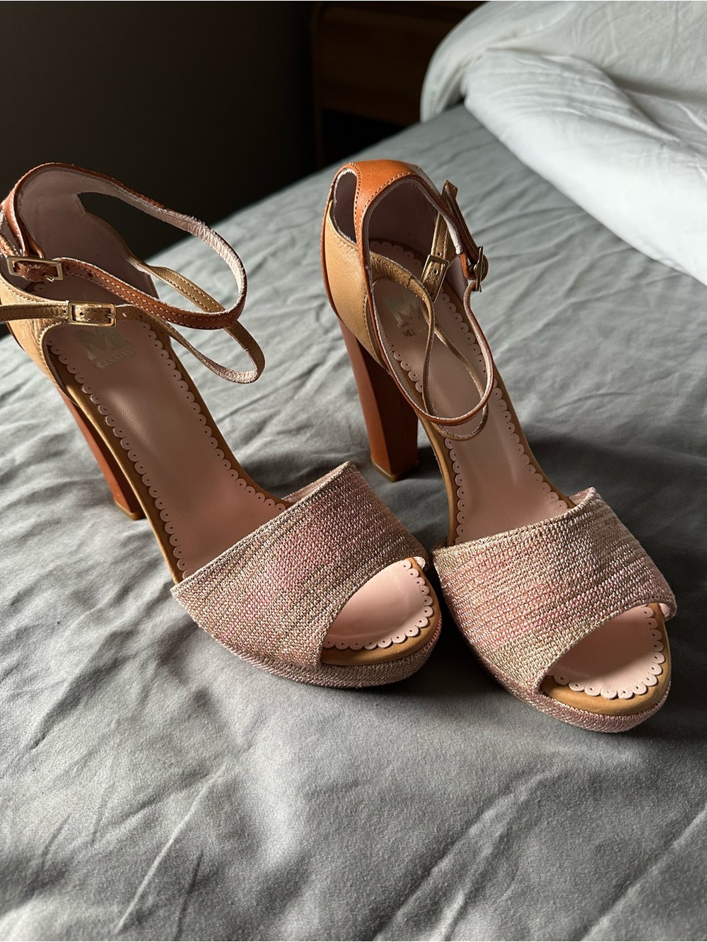 Missoni Blush-Brown Woven Platform Ankle-Strap Heels